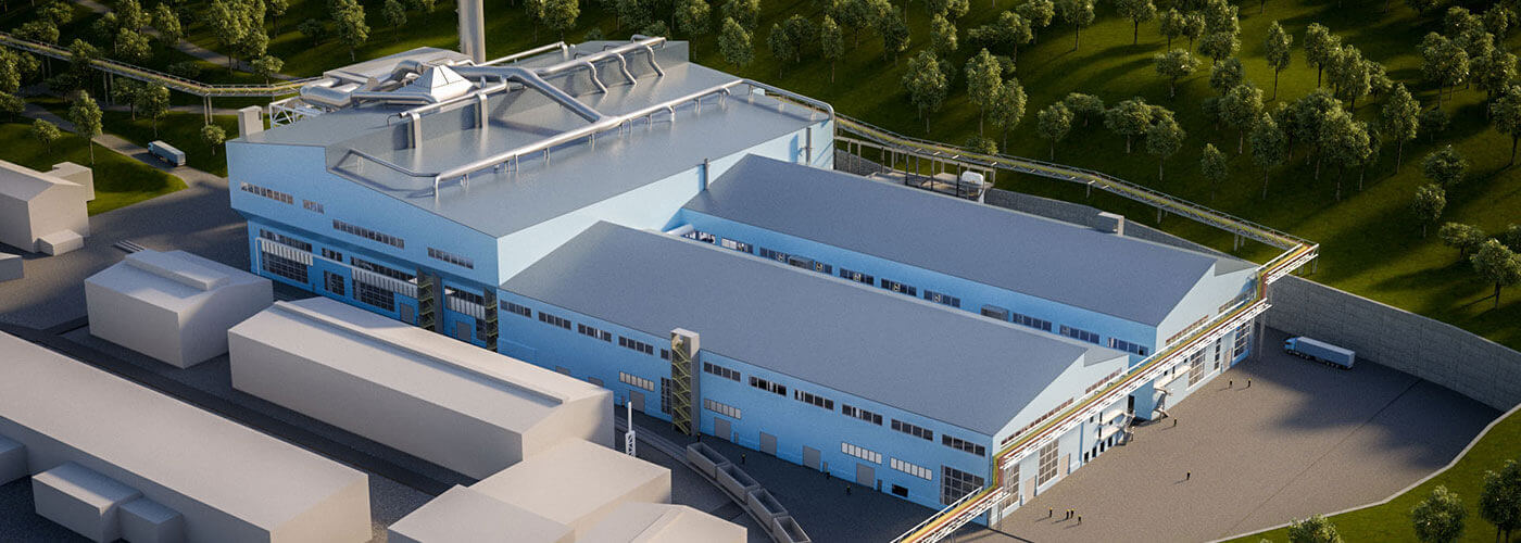 3D render of the outside of te special steel mill